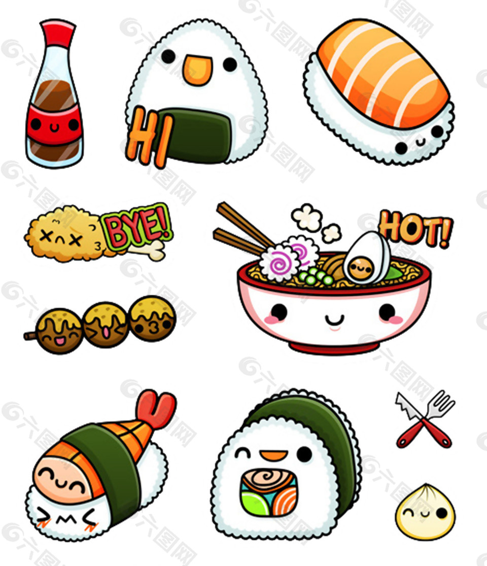 清新可愛手繪壽司料理美食裝飾元素
