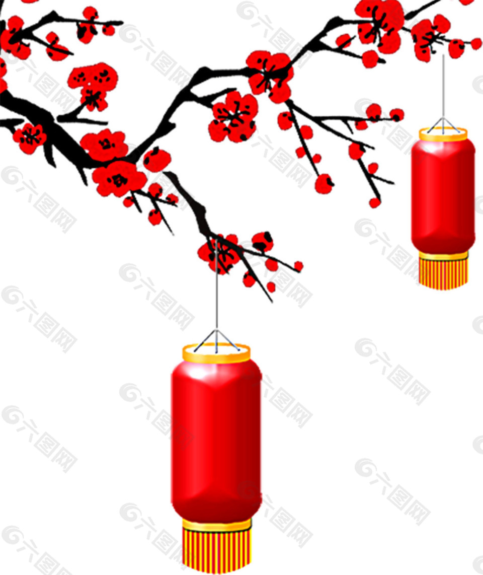 中国风梅花枝灯笼PNG元素