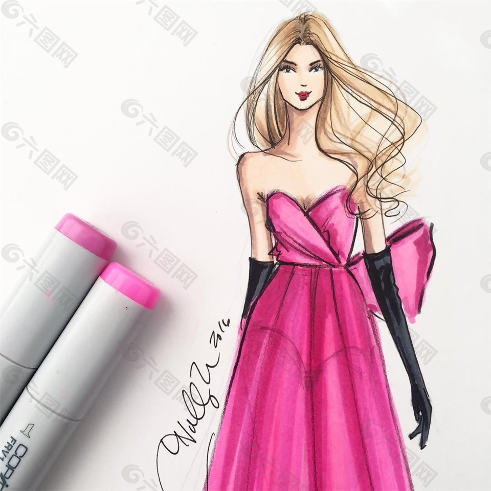 玫紅色抹胸禮服設(shè)計圖