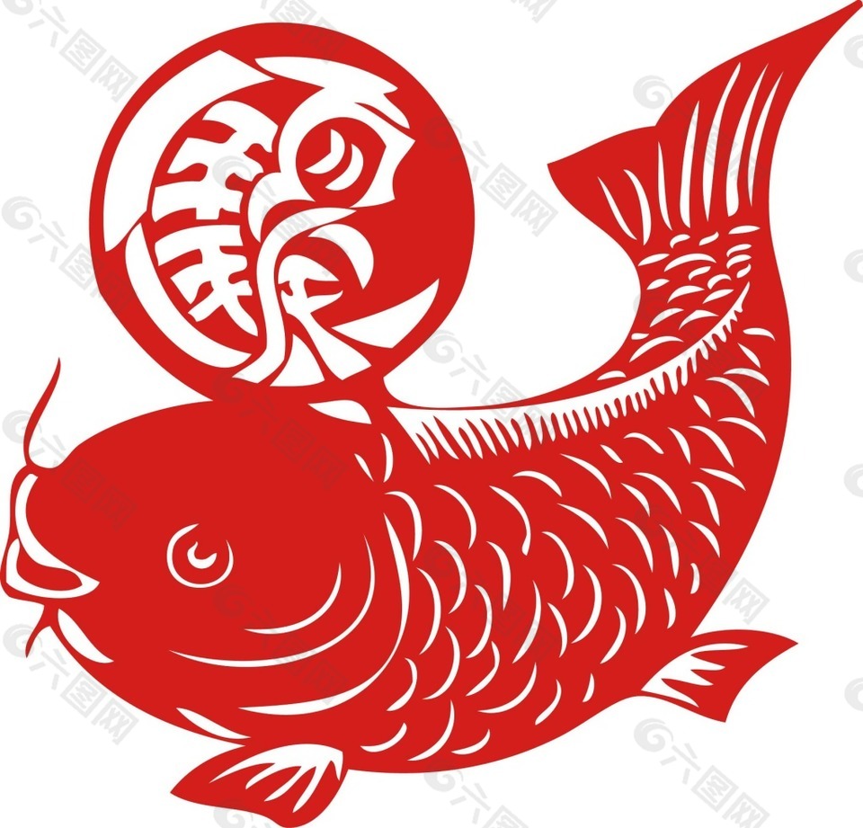 紅色中國剪紙鯉魚png元素