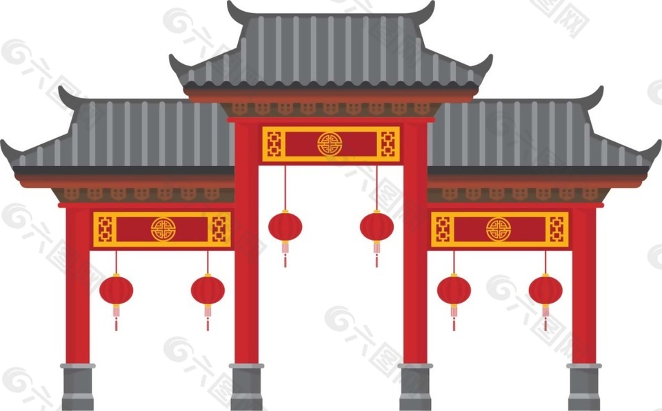 卡通傳統(tǒng)喜慶門樓png元素