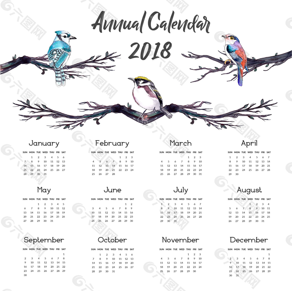 彩繪樹枝鳥2018年年歷矢量圖