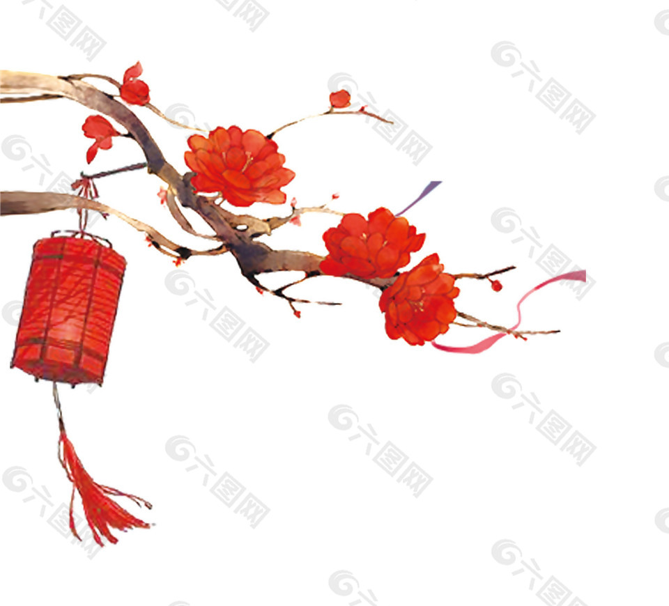 秀气古风橙红色灯笼梅花节日元素