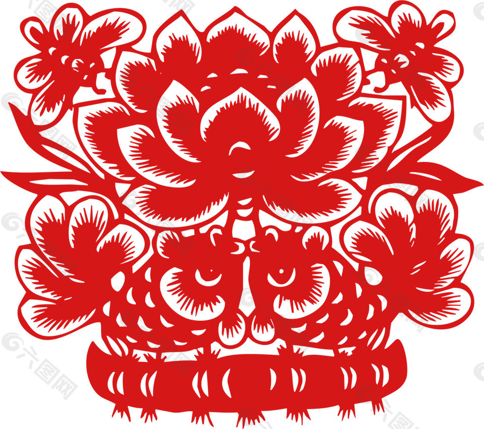 中国风喜庆莲花剪纸图案