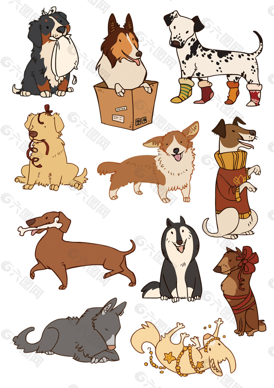 可愛品種犬卡通手繪裝飾元素