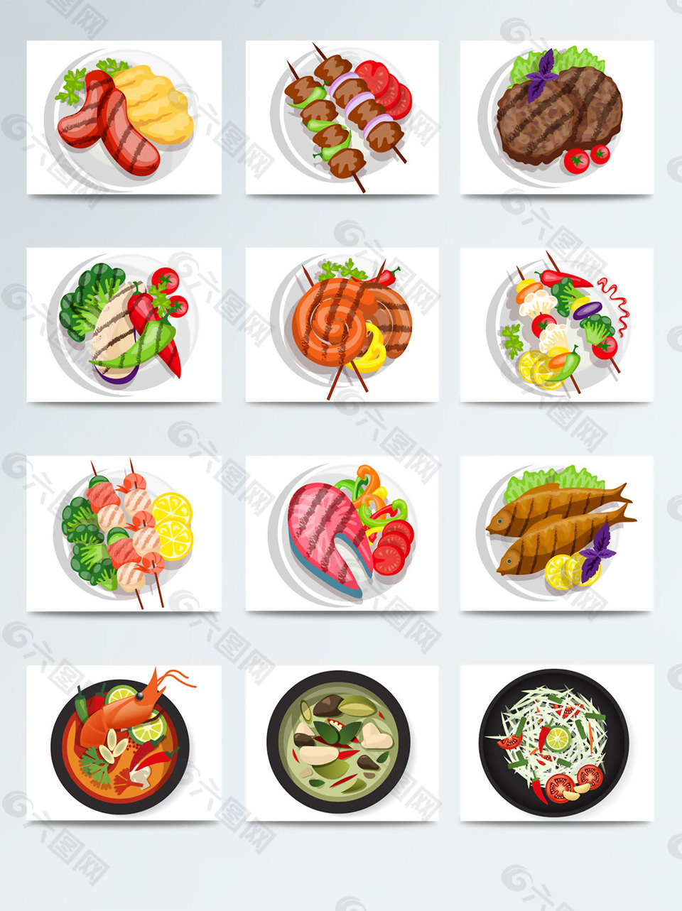 俯視美食圖矢量裝飾圖素材美食設(shè)計集合