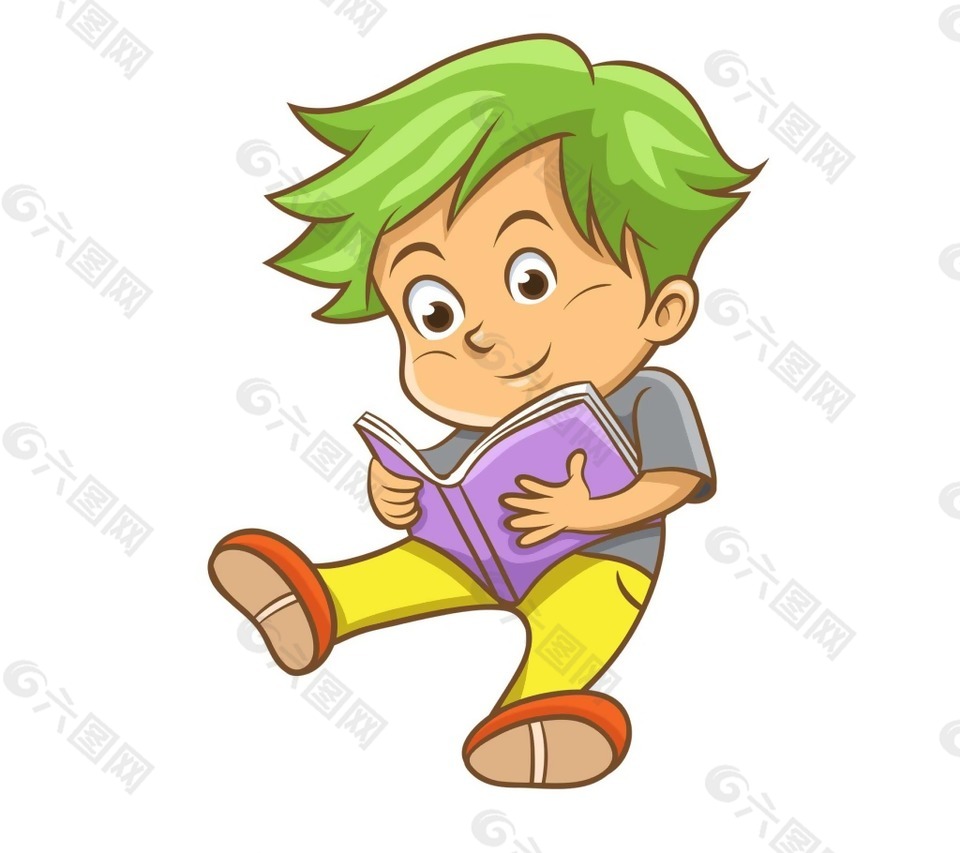 卡通小男孩看書png元素