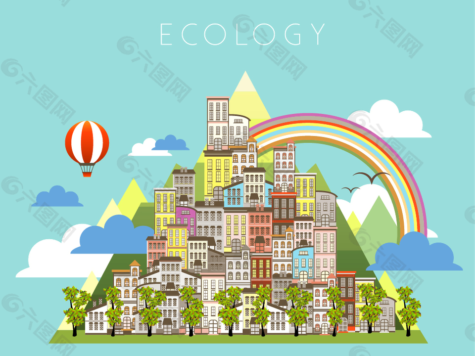 趣味城市建筑和彩虹插畫