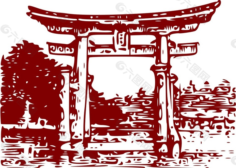 紅色仿古大門樓png元素
