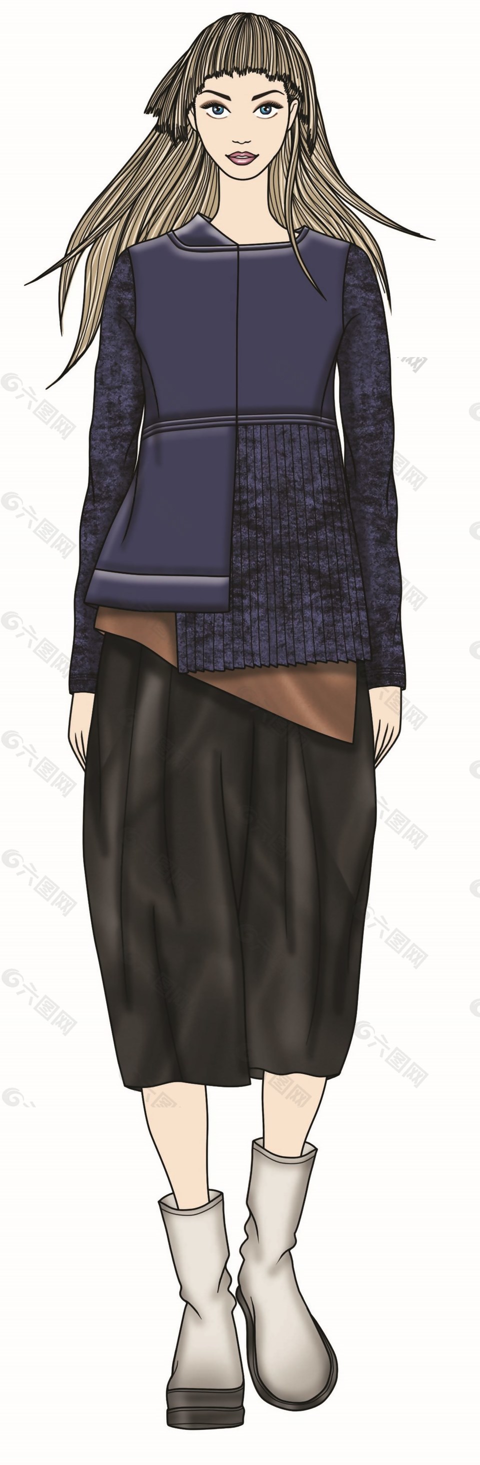 帥氣深藍(lán)色拼接上衣女裝服裝效果圖