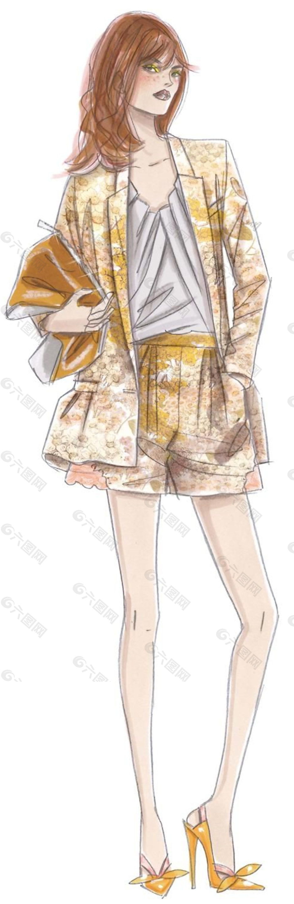 干練風格黃色花紋女裝效果圖