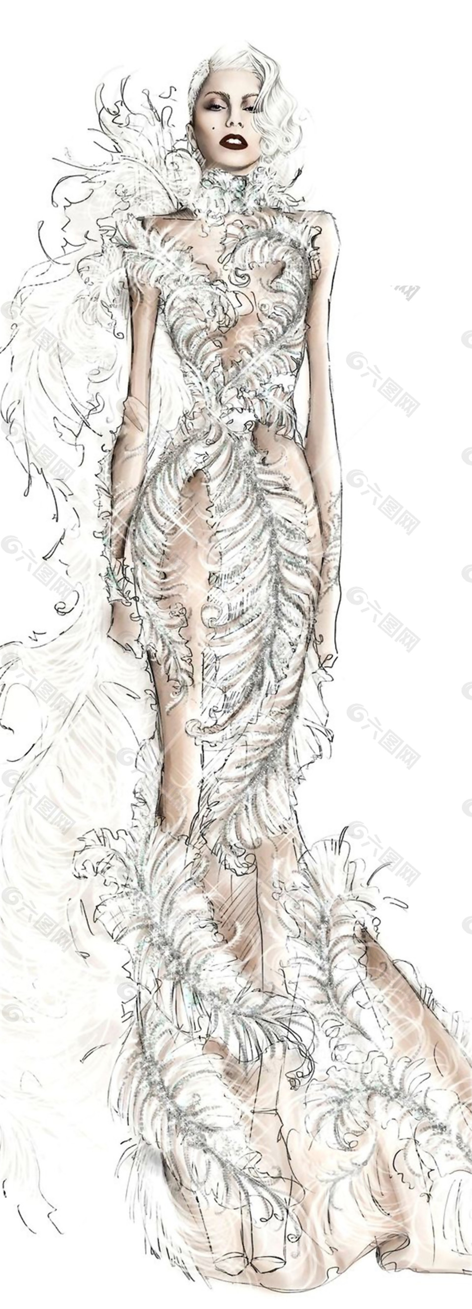 美麗大方白色羽毛連衣裙女裝效果圖