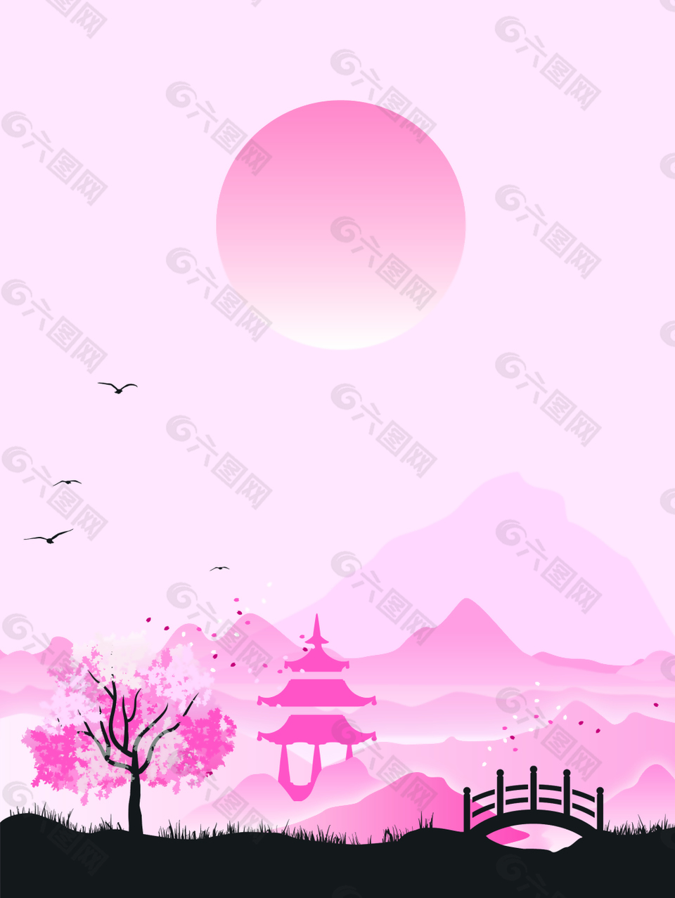 矢量中國風粉紅色風景背景