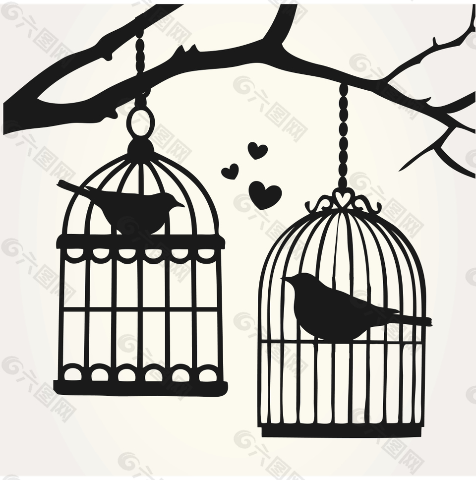 時(shí)尚小鳥(niǎo)和鳥(niǎo)籠插畫(huà)