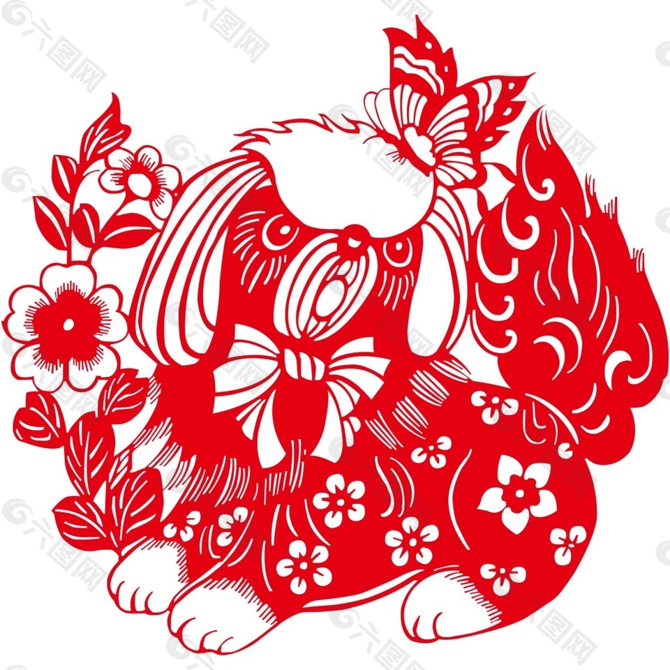 紅色卡通狗狗剪紙窗花png元素