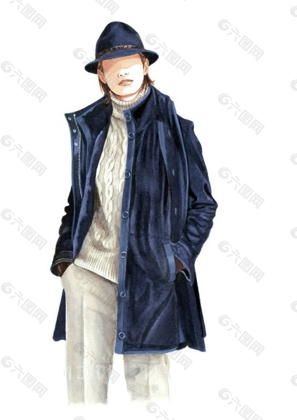 美麗亮藍色大外套女裝效果圖