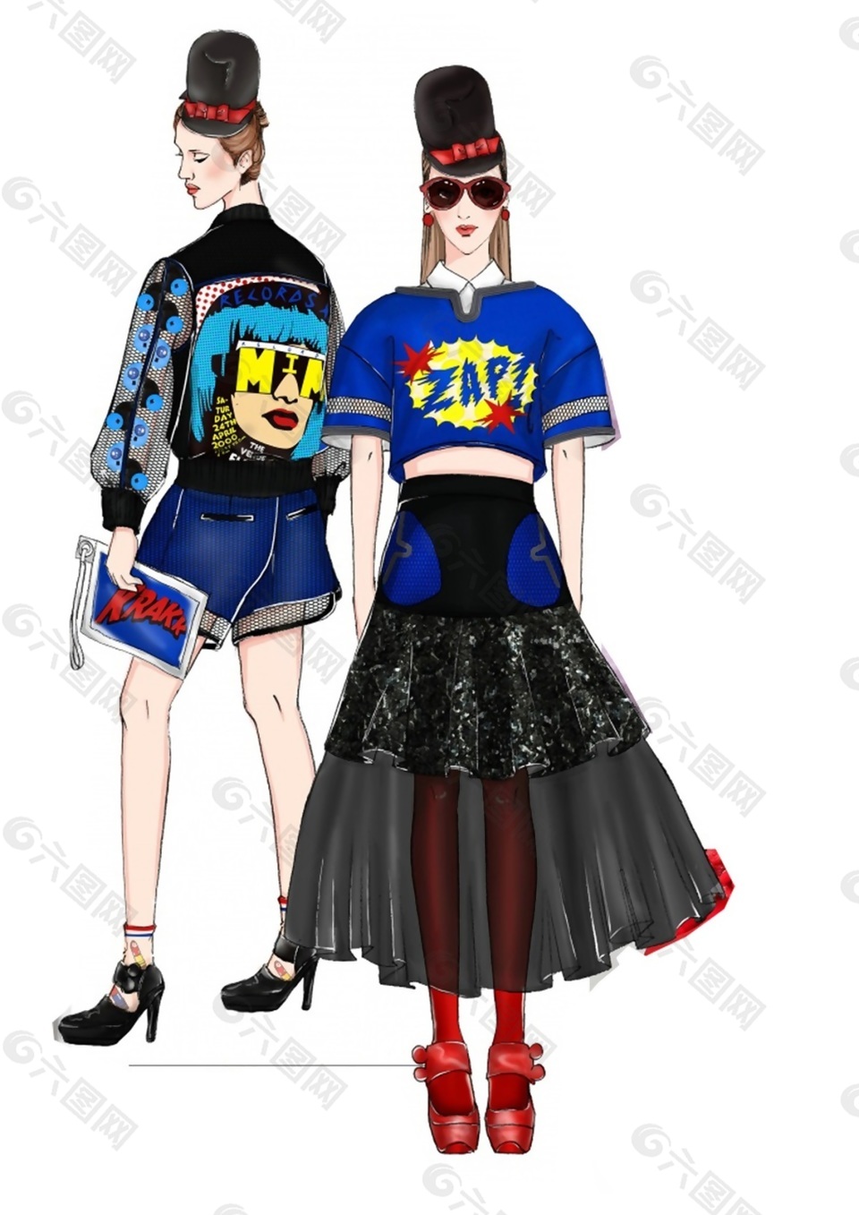 鬼馬精靈深藍色短袖女裝效果圖