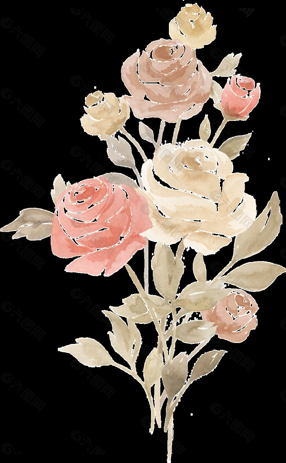 一束水墨玫瑰花卉PNG透明素材