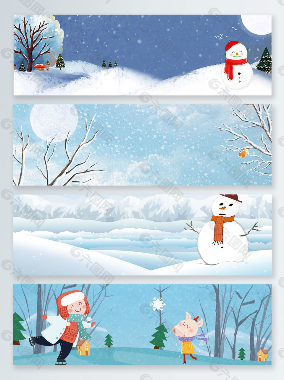 卡通堆雪人文艺蓝色banner背景