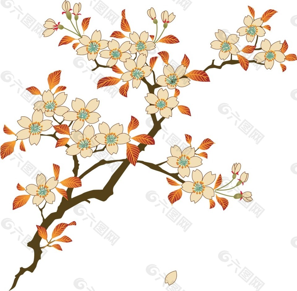 卡通黃色花朵樹枝png元素