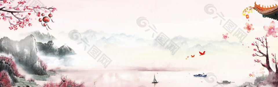 春天桃花水墨山水畫