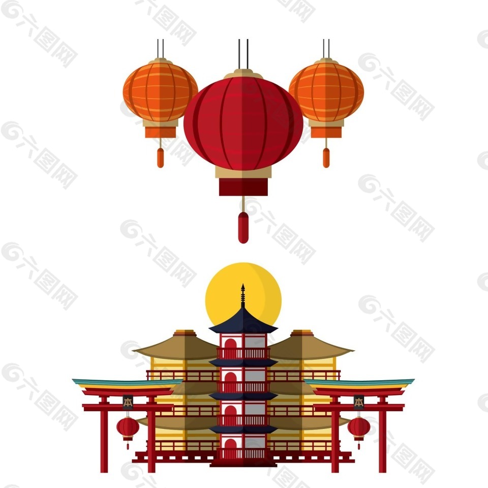 卡通高塔灯笼房屋建筑png元素