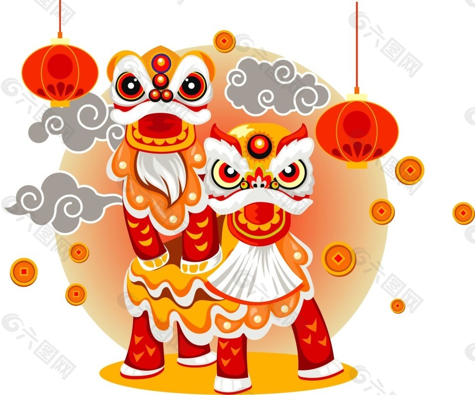 新年大紅燈籠舞獅png元素