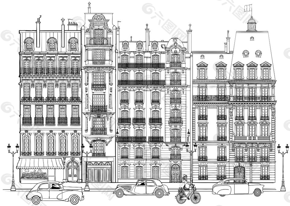 黑白線條手繪建筑插畫