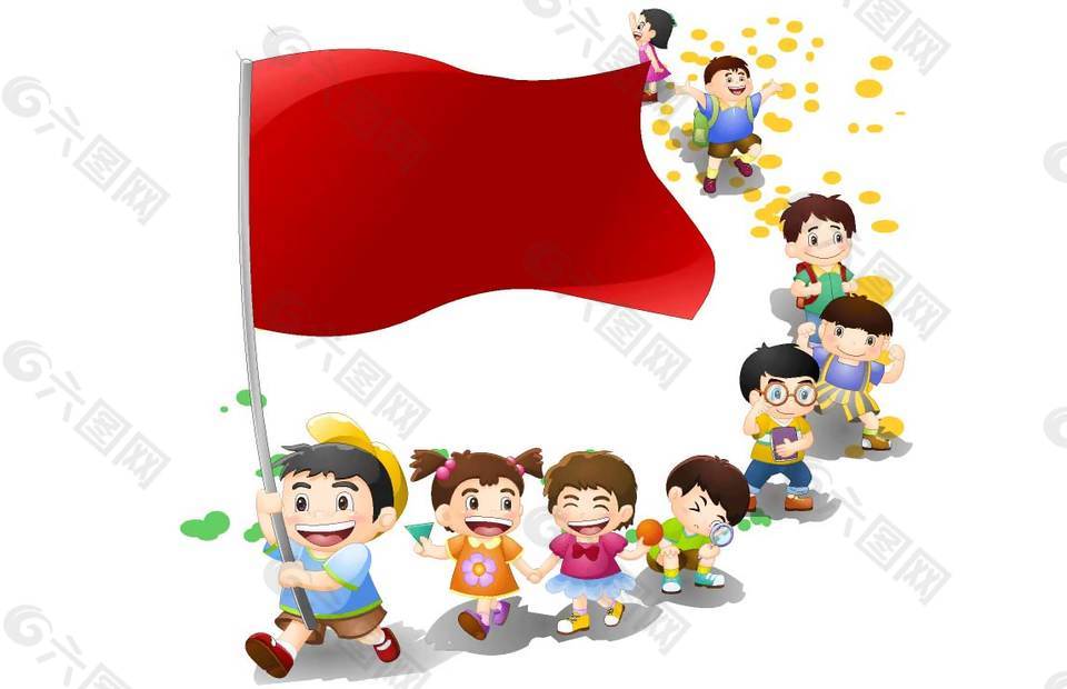卡通學生拿旗幟春游游玩png元素