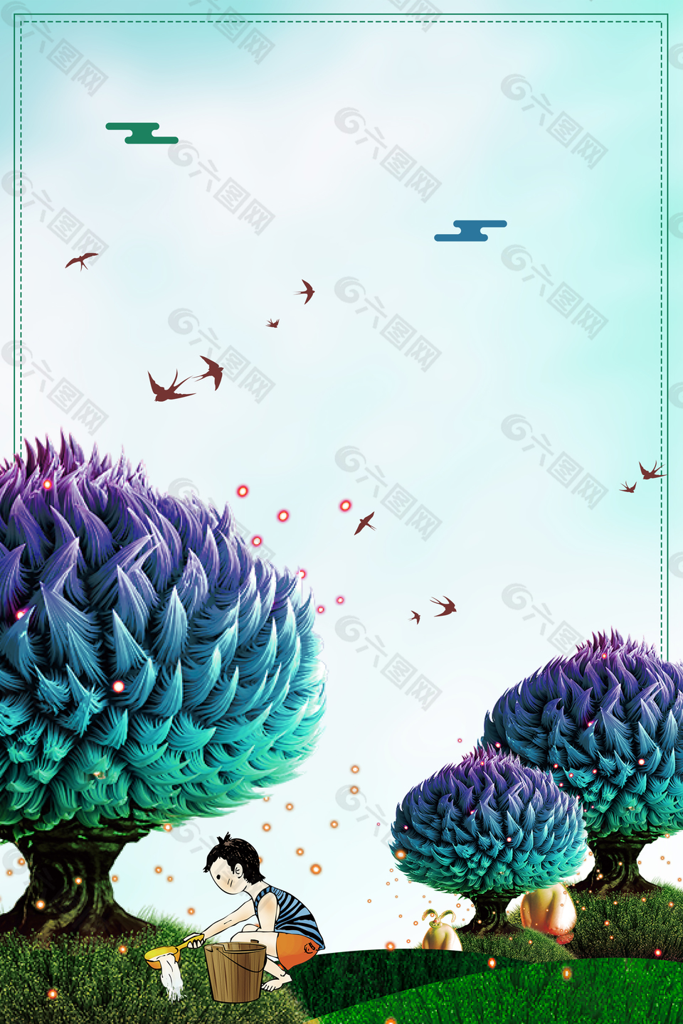 綠色手繪清新植樹節(jié)大樹植樹的小朋友背景