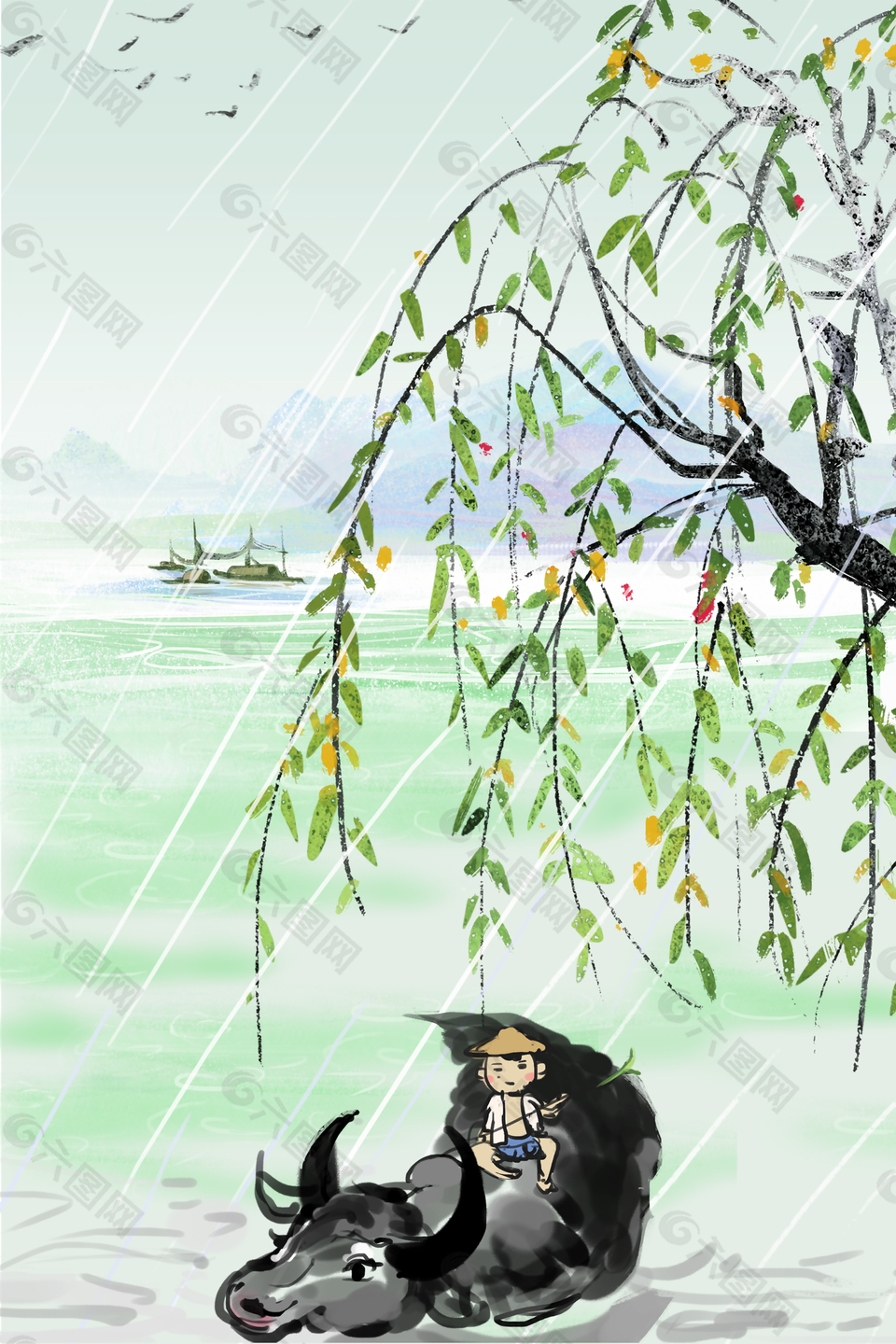 手繪卡通古典水墨清明節(jié)背景