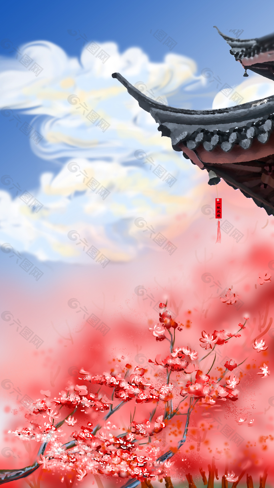 春日氣息建筑粉色花朵背景