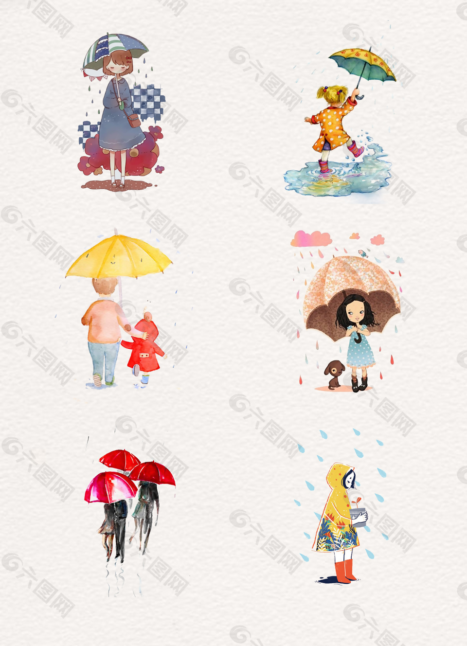 精美的谷雨下雨天撐著傘的人物元素素材