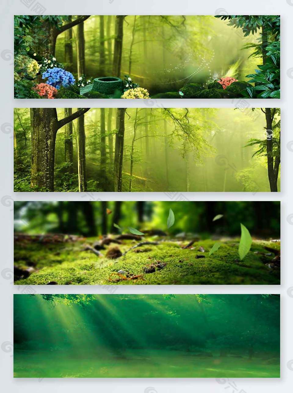 綠色清新夢幻淘寶女裝上新戶外樹木海報背景