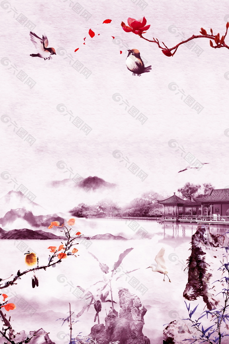 彩绘清明花枝海报背景设计