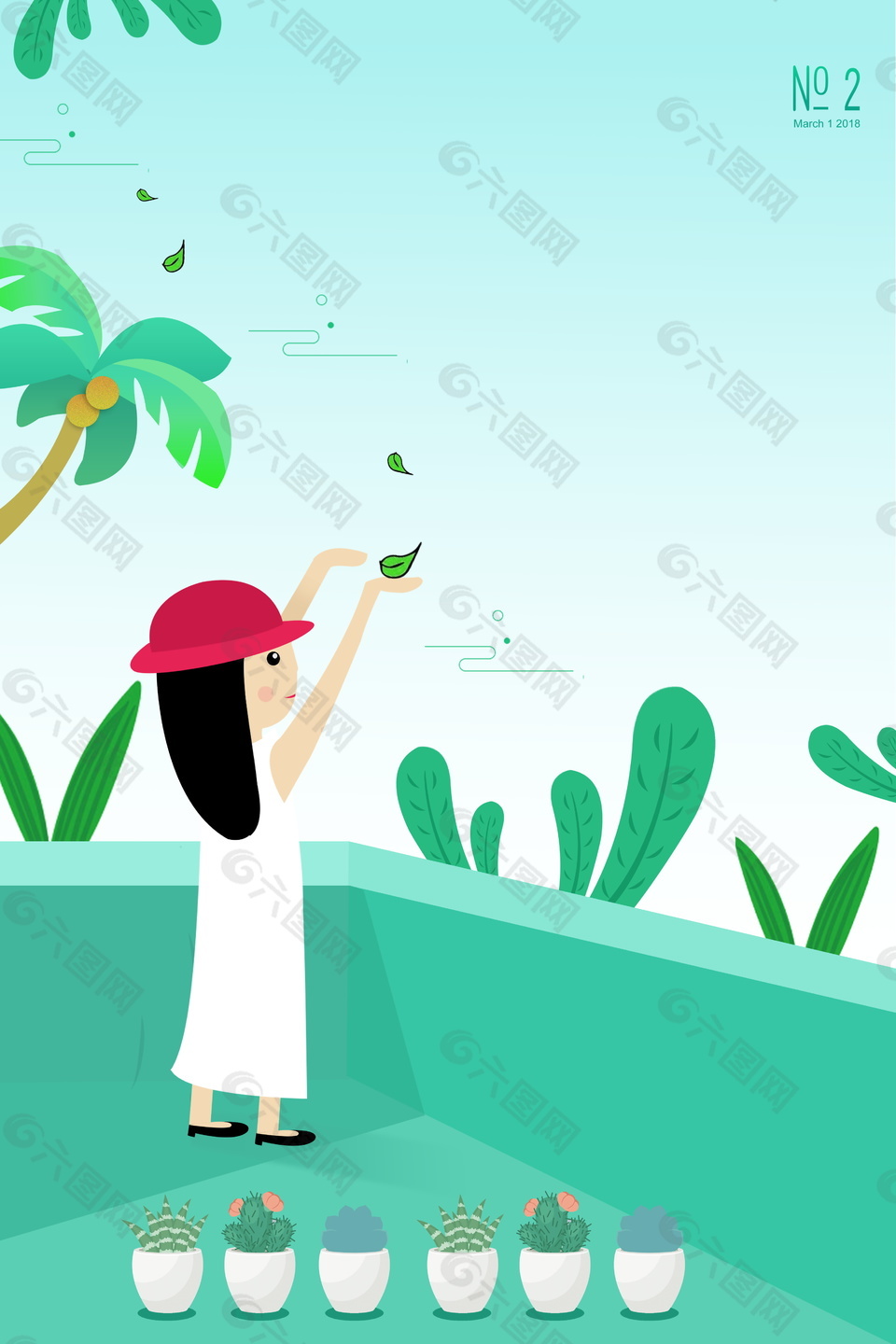 春季小清新春姑娘椰樹海報背景設(shè)計