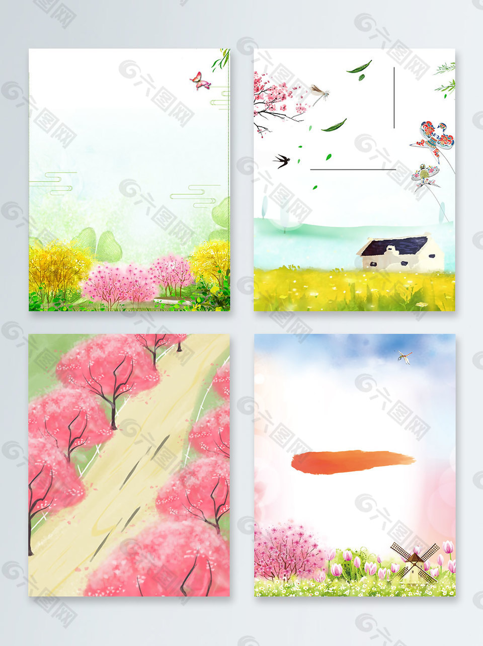 卡通手繪唯美春季春暖花開景色廣告背景