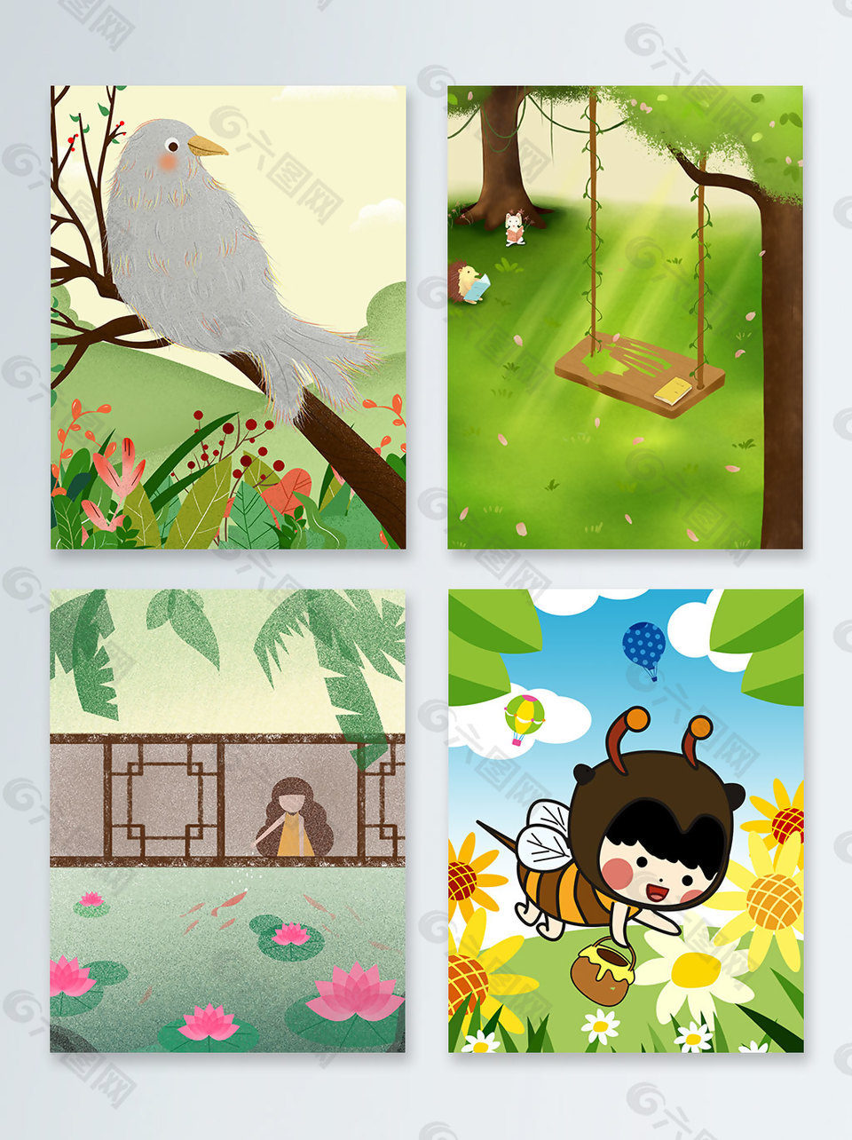 春季創(chuàng)意插畫春暖花開蜜蜂廣告背景