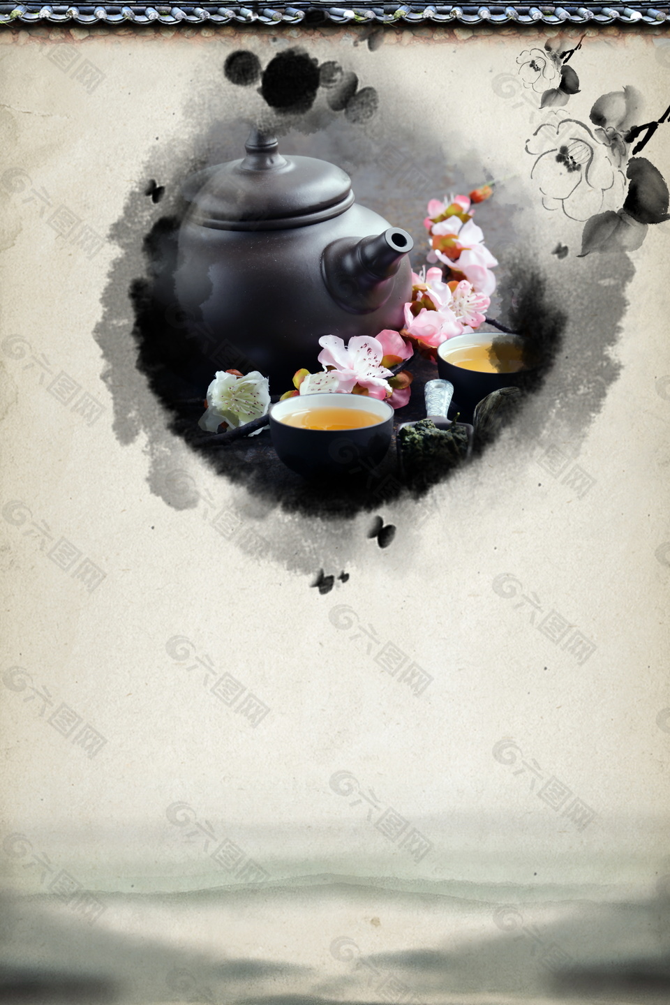 中國風古典花茶茶壺海報背景設計