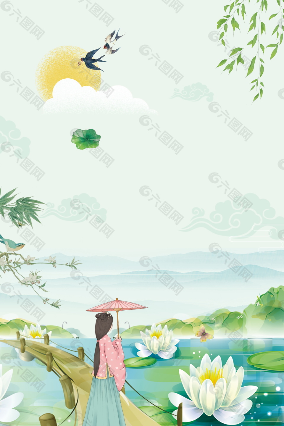彩绘春季谷雨荷塘春姑娘海报背景设计