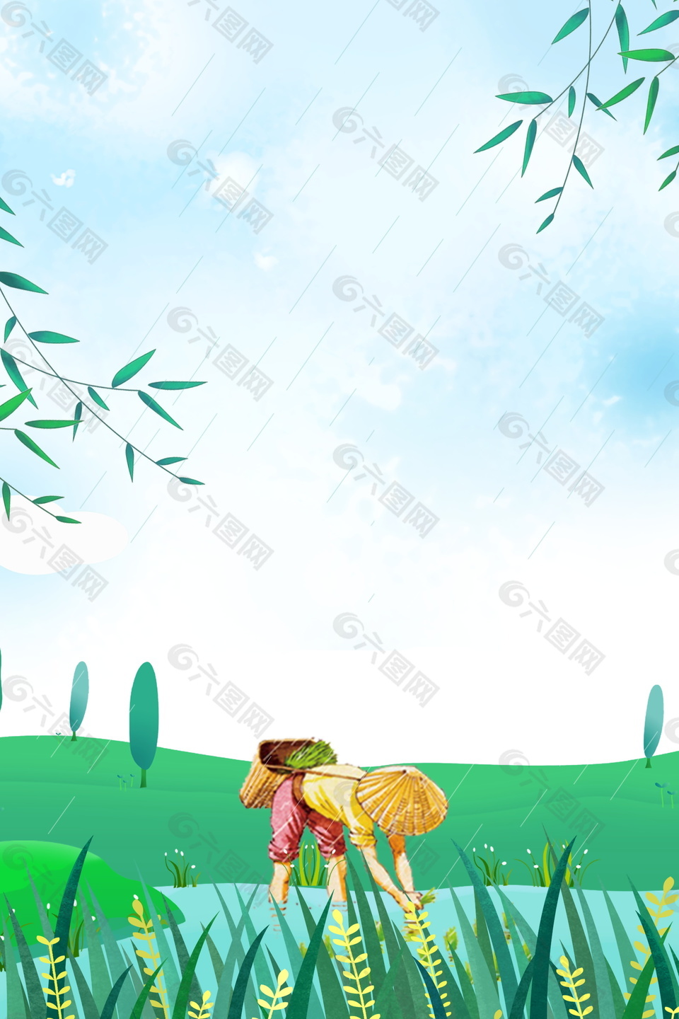 清新传统谷雨节节气插秧海报背景设计