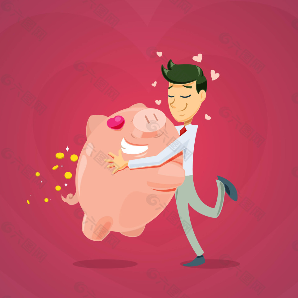 可愛抱金豬的人物插畫