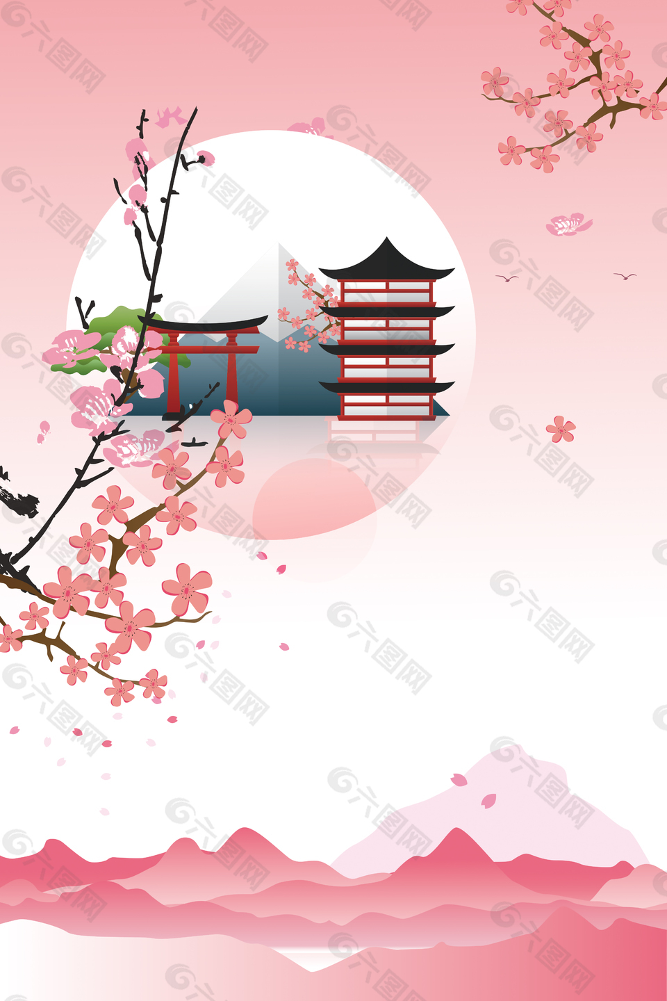 粉色手绘樱花梦幻意境日本旅游海报背景