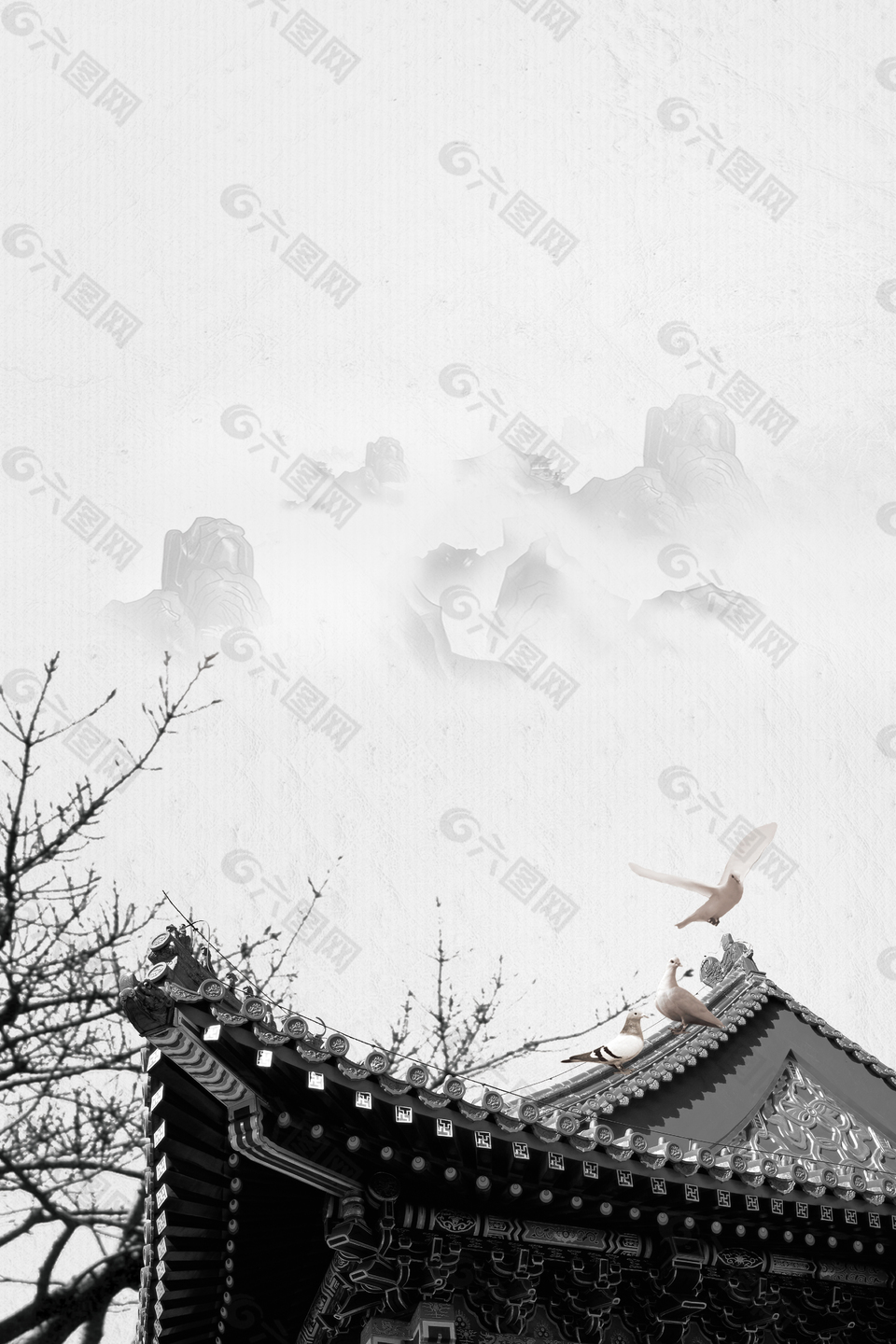 远山水墨画中式地产海报背景