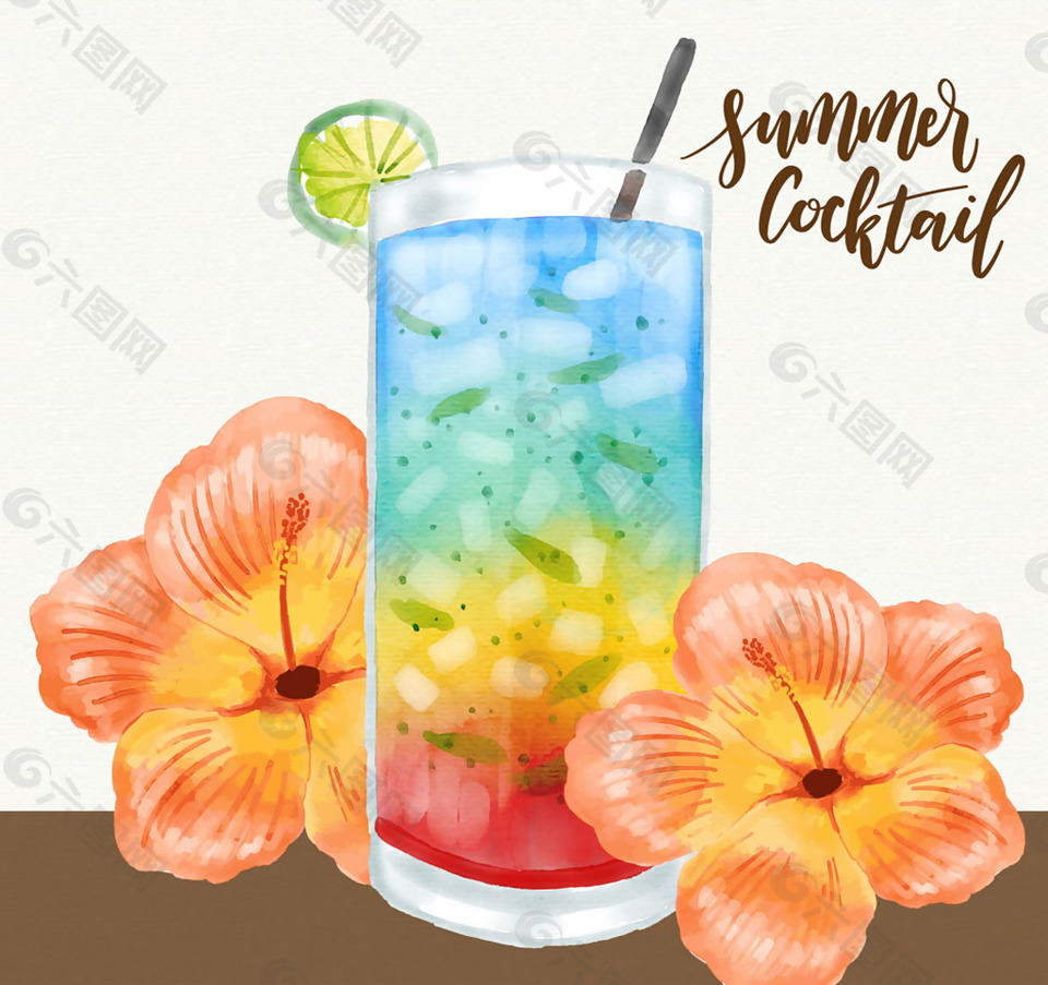 彩繪夏季雞尾酒和扶桑花矢量素材