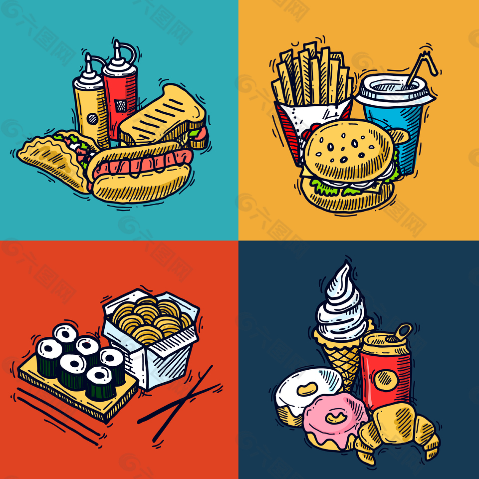 美味手繪快餐食品裝飾元素
