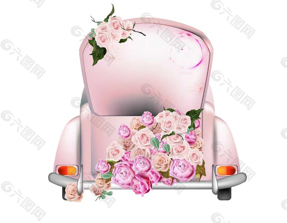 卡通浪漫紫色汽車后門放滿玫瑰花矢量元素