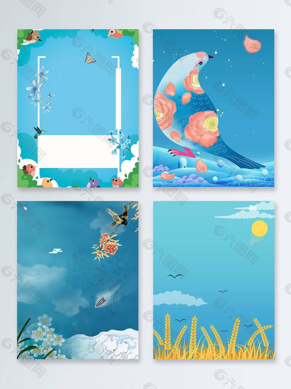 蓝色梦幻文艺小鸟夏季上新卡通广告背景
