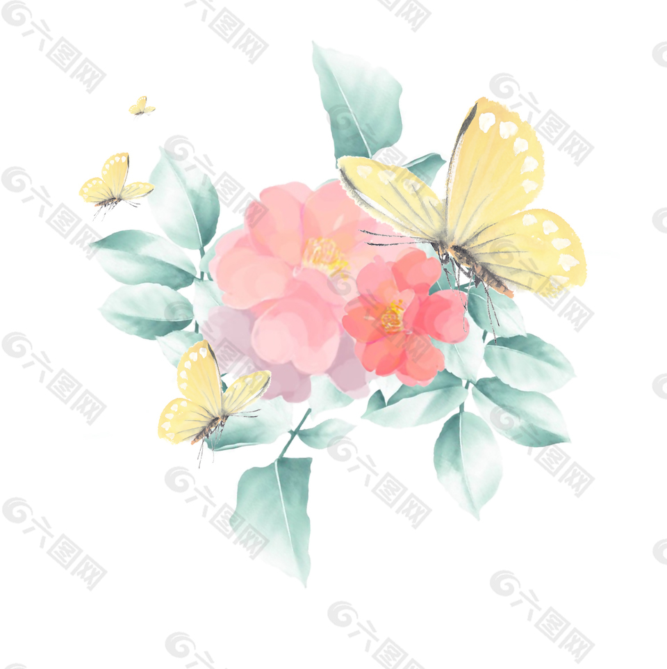 手繪花和蝴蝶插畫元素