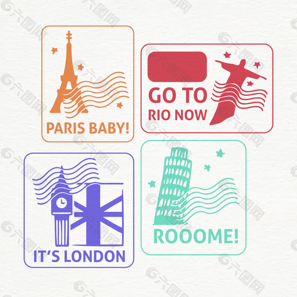 4款卡通彩色各國建筑郵戳元素